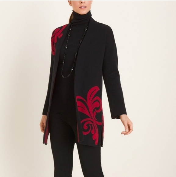 Chico's Red & black scroll long cardigan - Picture 2 of 10